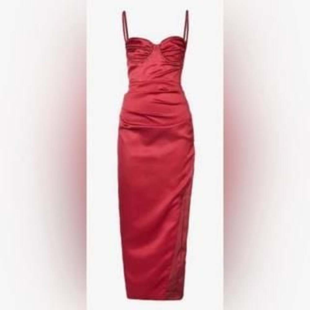 Luxe Dress Red Satin Midi Dress, Ruched, Side Slit